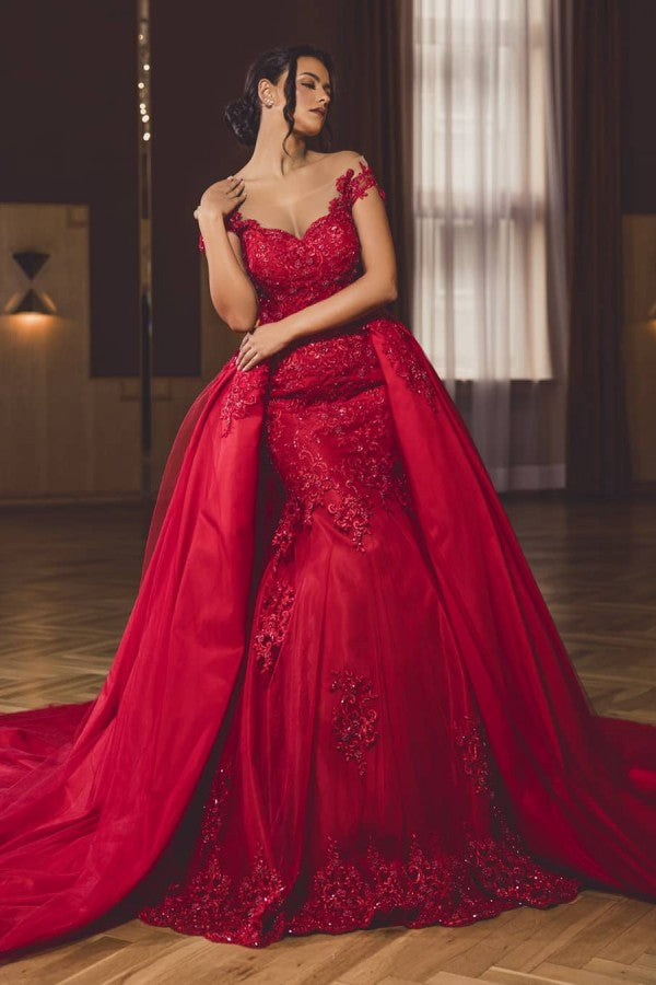 Red Off-the-Shoulder Prom Dress Lace Appliques With Overskirt