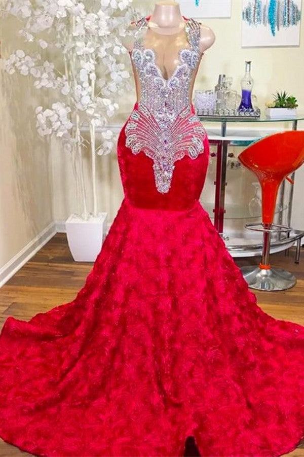 Red Prom Dress Mermaid Sleeveless With Beads