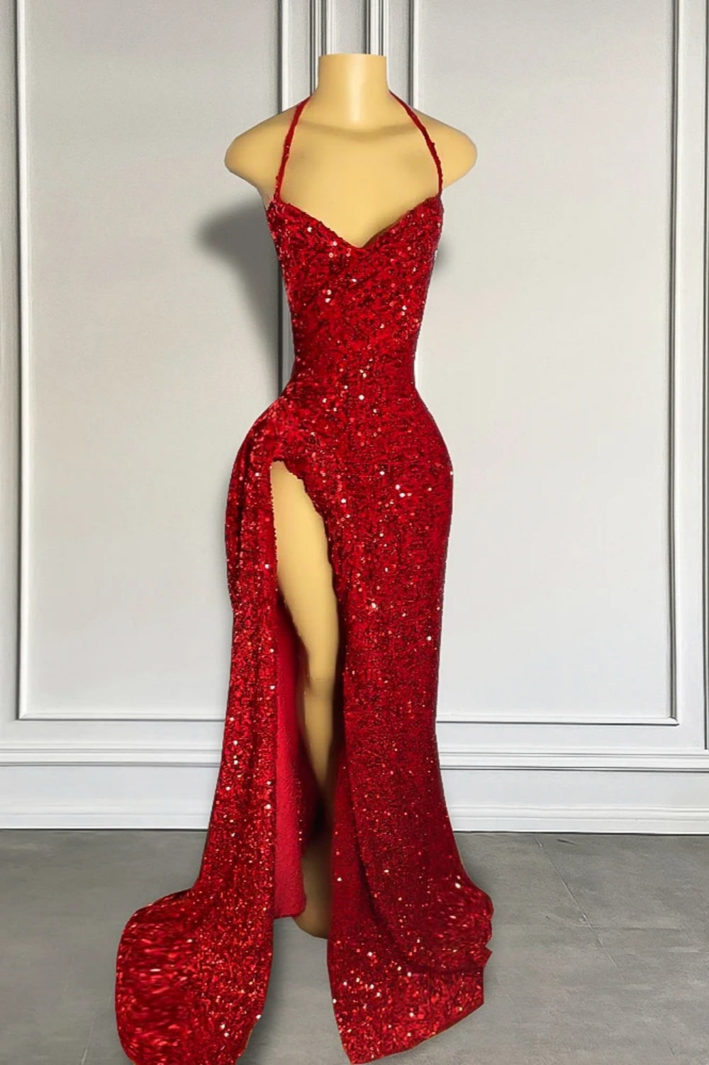 Red Sequined Prom Gown with Slit and Shiny Floor-Length Design