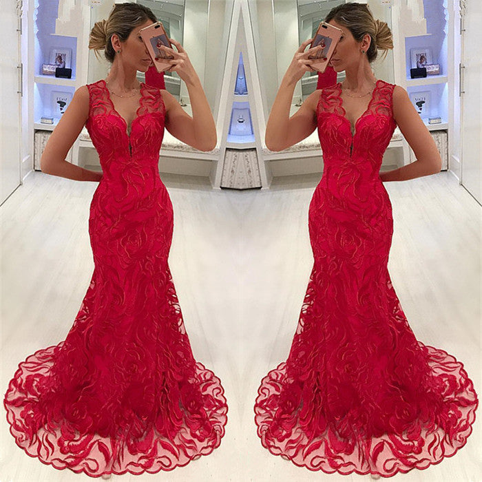 Red Sleeveless Mermaid Prom Dress With Lace Evening Gowns