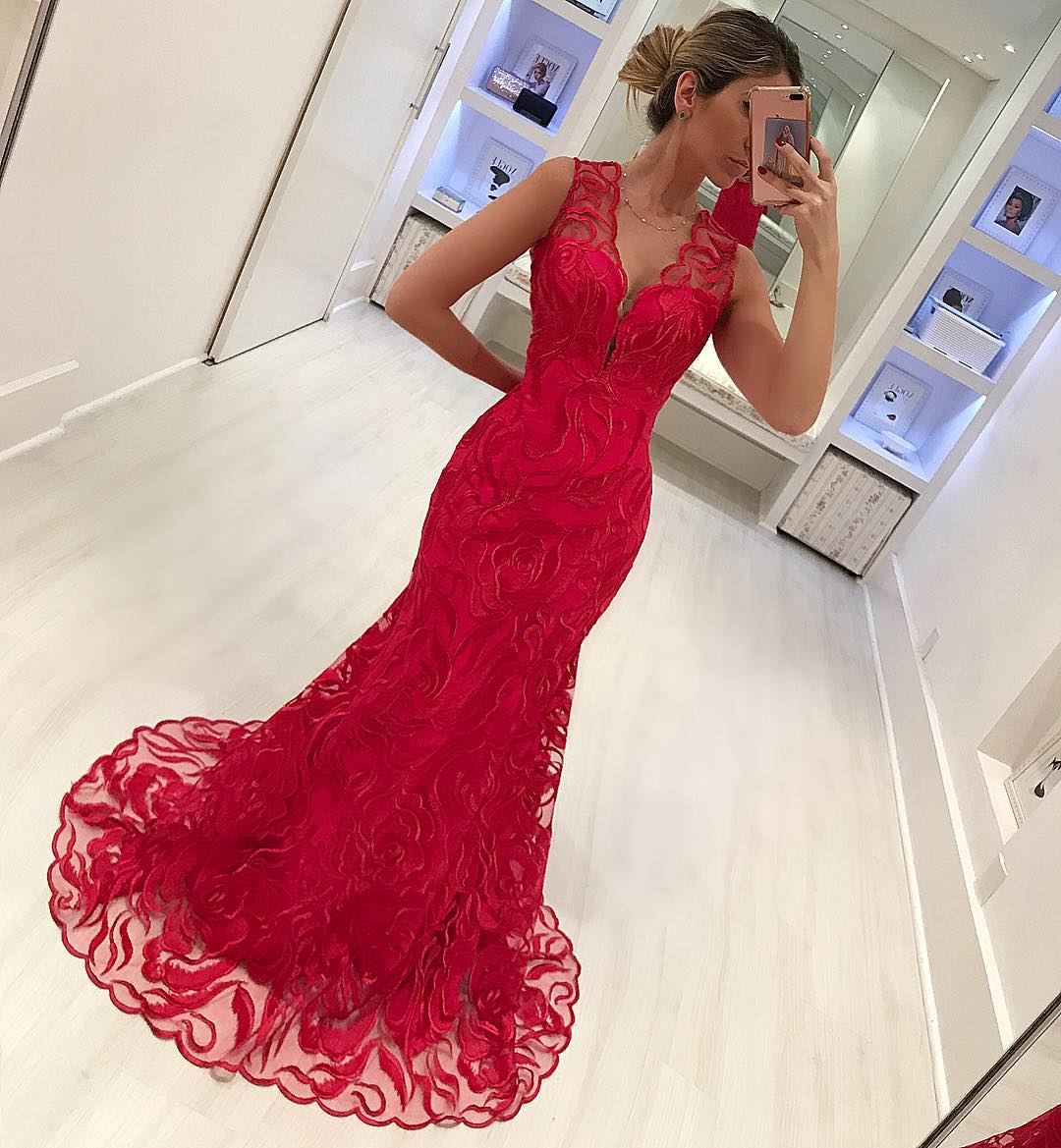 Red Sleeveless Mermaid Prom Dress With Lace Evening Gowns