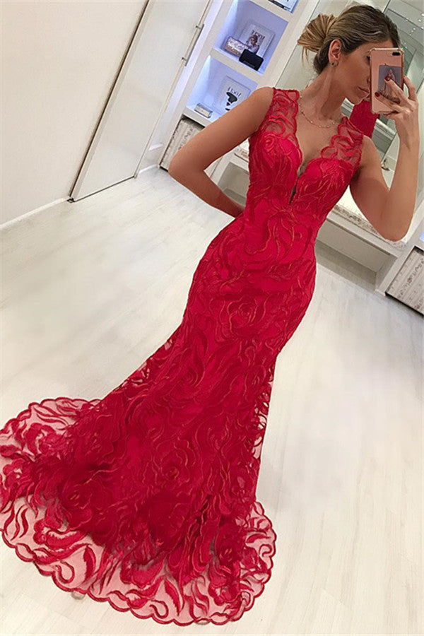 Red Sleeveless Mermaid Prom Dress With Lace Evening Gowns