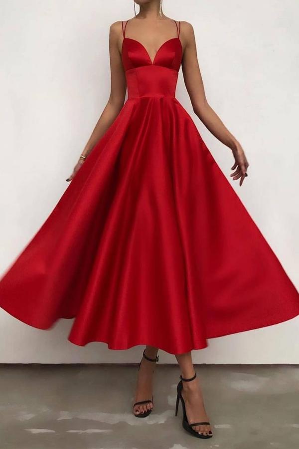 Red Spaghetti-Straps Prom Dress Sleevless Evening Party Gowns