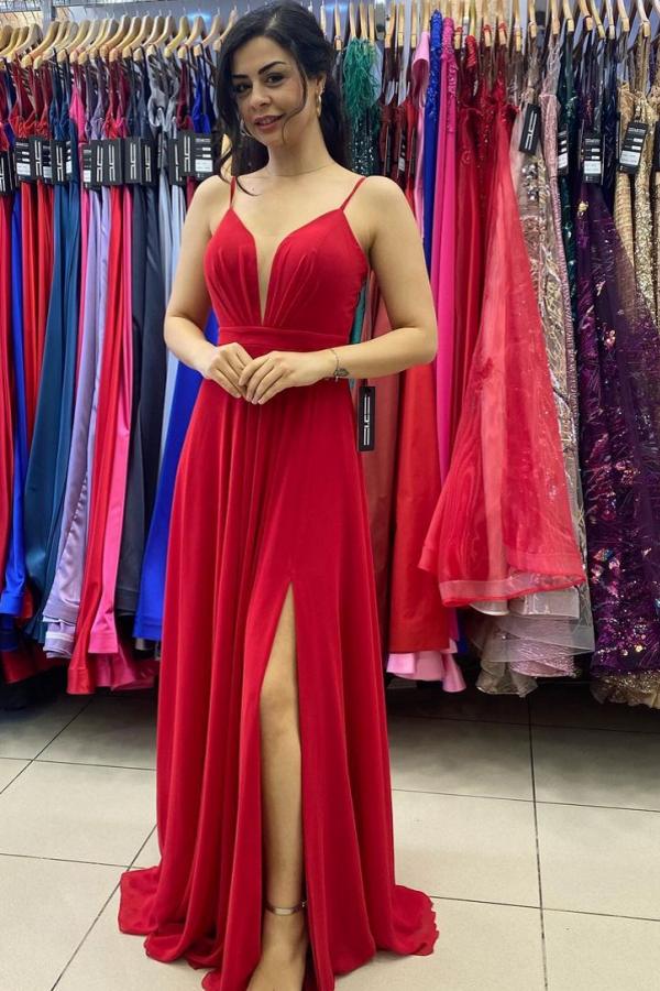 Red Spaghetti-Straps Slit Prom Dress Long On Sale