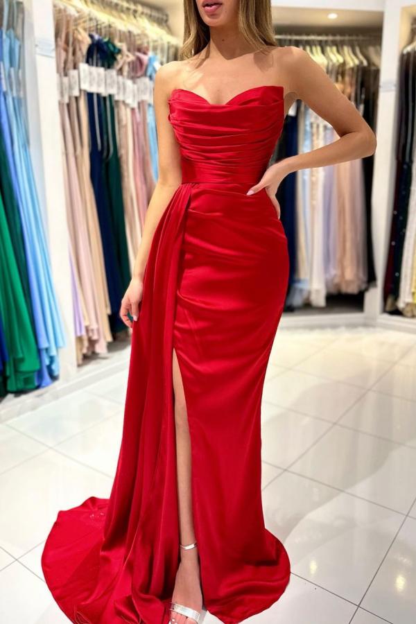 Red Strapless Prom Dress Mermaid Slit With Pleats