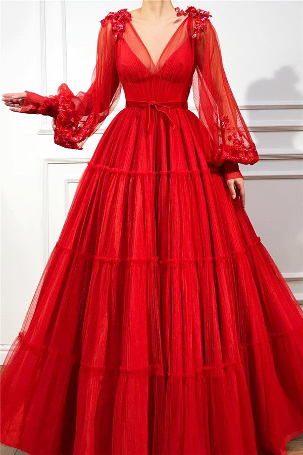 Red V-Neck Bubble Sleeves Prom Dress Long