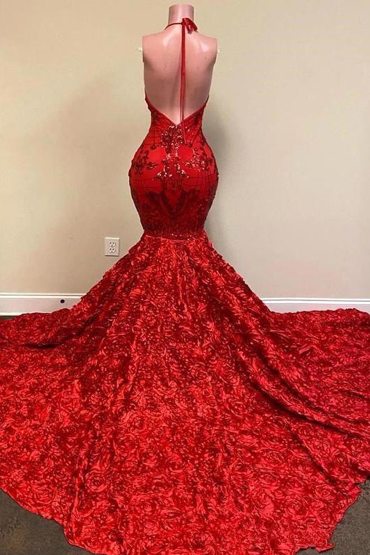 Red V-Neck Mermaid Prom Dress Sequins Flowers Bottom