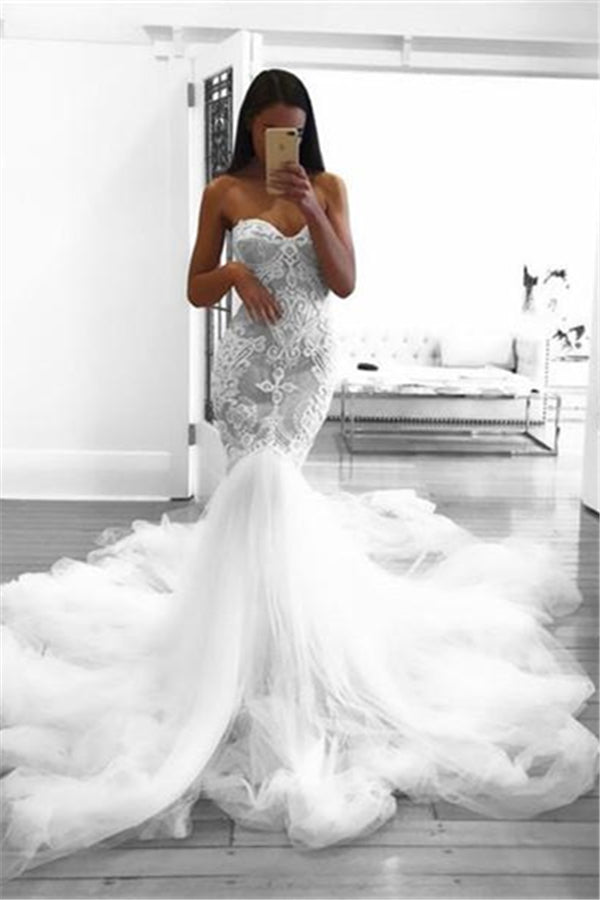 Romantic Sweetheart Lace White Sheer Wedding Dress Mermaid Bridal Gown