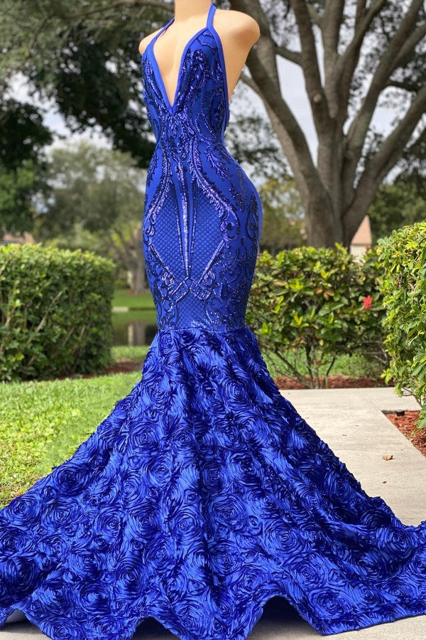 Royal Blue Mermaid Prom Dress Spaghetti-Straps V-Neck With Flowers Bottom