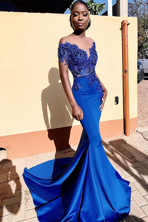 Royal Blue Off-the-shoulder Mermaid Prom Dresses with Lace Appliques and Chapel Train