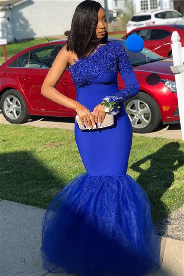 Royal Blue One Shoulder Mermaid Prom Dress With Lace Appliques