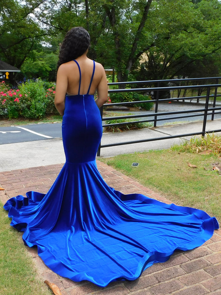 Royal Blue Prom Dress V-Neck Mermaid Velvet With Appliques