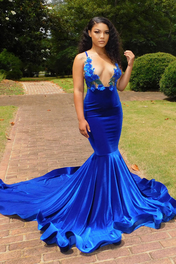 Royal Blue Prom Dress V-Neck Mermaid Velvet With Appliques