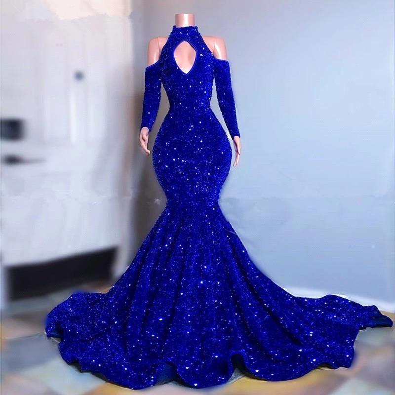 Royal Blue Sequins Prom Dress Mermaid Long Sleeves