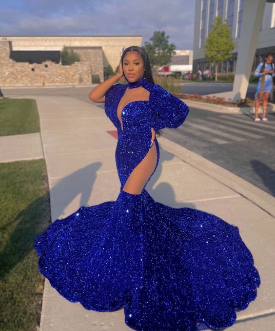 Royal Blue Sequins Prom Dress Mermaid Long Sleeves