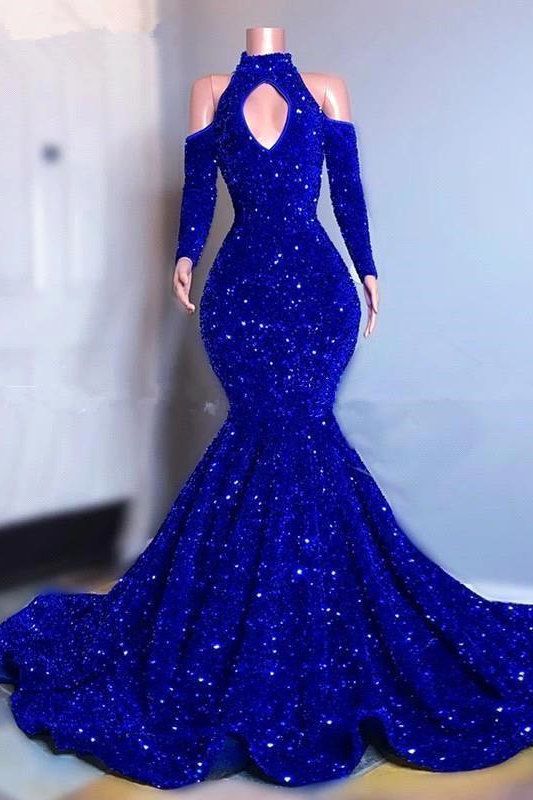 Royal Blue Sequins Prom Dress Mermaid Long Sleeves