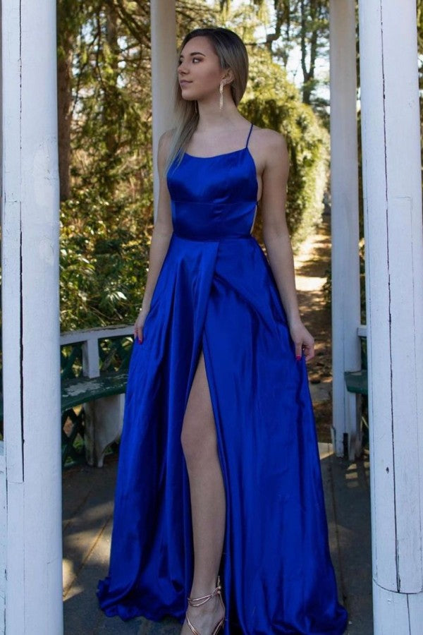 Royal Blue Spaghetti-Strap Prom Dress With Split