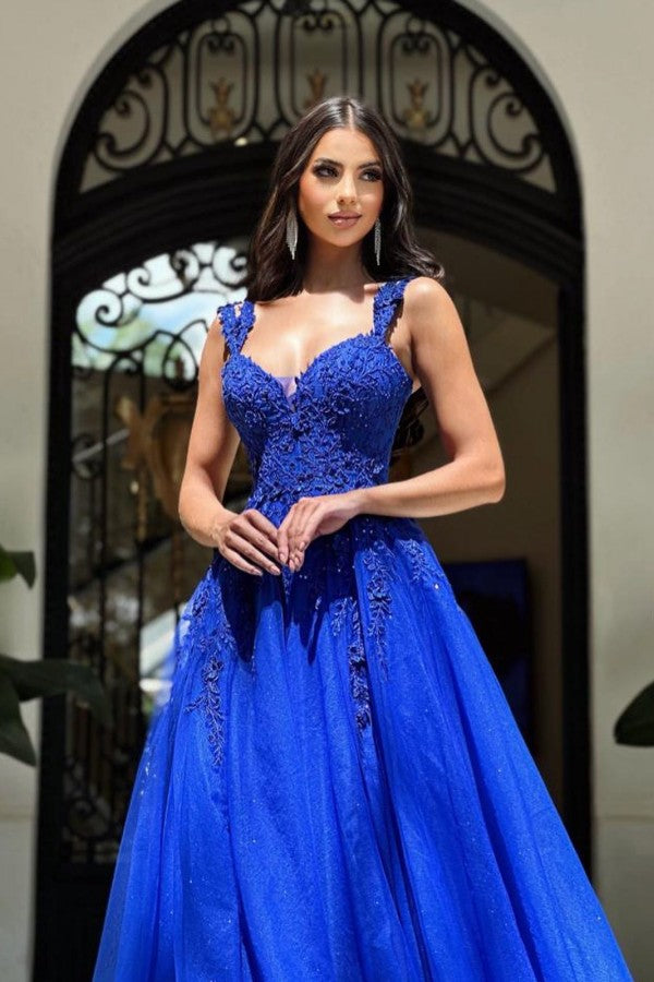 Royal Blue Straps Prom Dress A-Line With Appliques