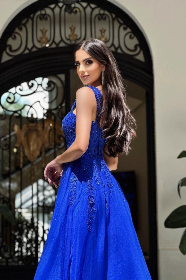 Royal Blue Straps Prom Dress A-Line With Appliques