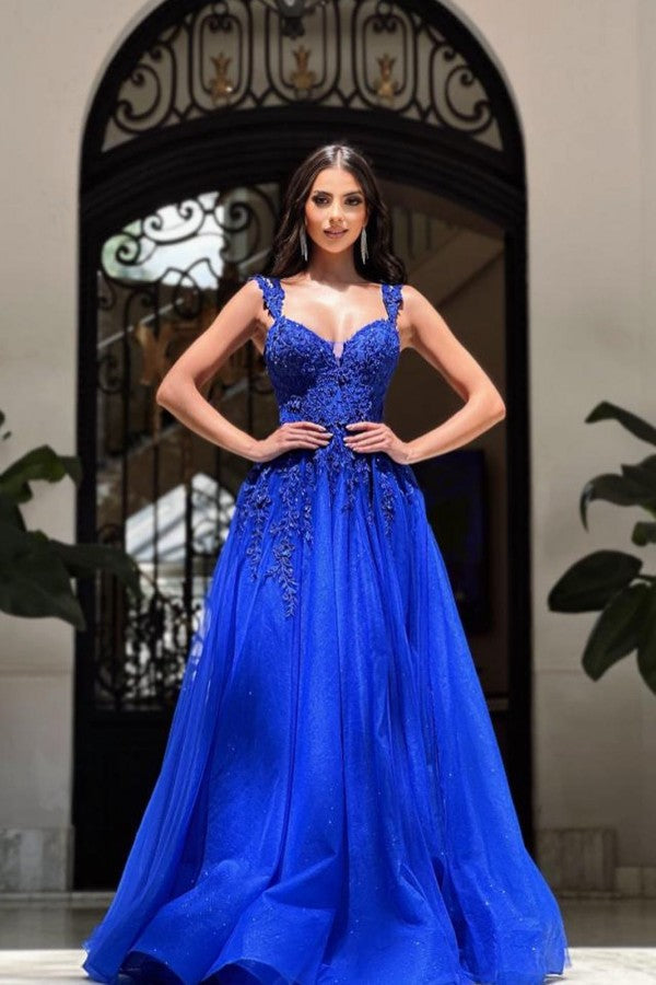 Royal Blue Straps Prom Dress A-Line With Appliques