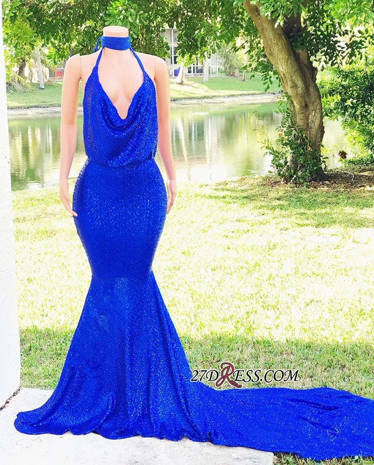 Royal Blue V-Neck Mermaid Prom Dress Sequins Sleeveless Evening Gown