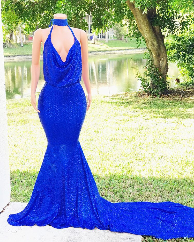 Royal Blue V-Neck Mermaid Prom Dress Sequins Sleeveless Evening Gown