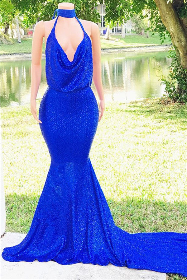 Royal Blue V-Neck Mermaid Prom Dress Sequins Sleeveless Evening Gown