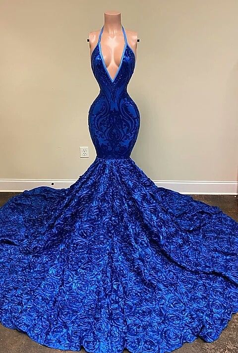 Royal Blue V-Neck Prom Dress Mermaid Sleeveless With Sequins