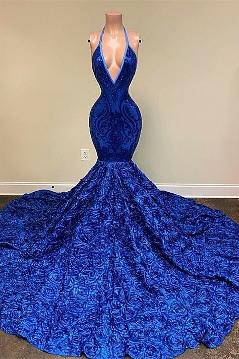 Royal Blue V-Neck Prom Dress Mermaid Sleeveless With Sequins