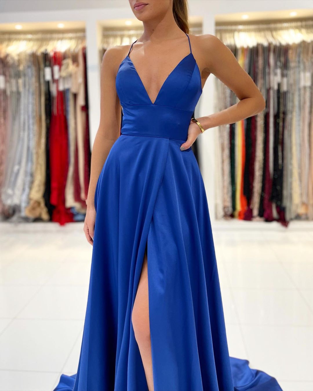 Royal Blue V-Neck Prom Dress Split Long With Spaghetti-Straps