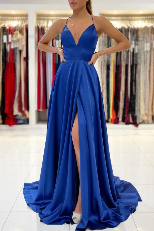 Royal Blue V-Neck Prom Dress Split Long With Spaghetti-Straps