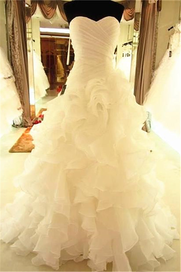 Ruffless Tiered High Quality Wedding Dresses with Long Train Organza Bridal Dress