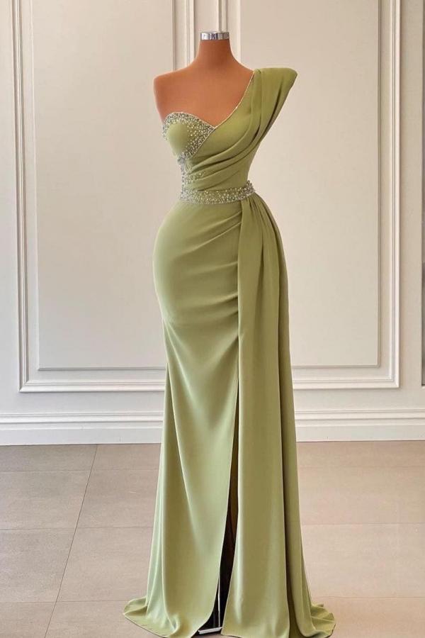 Sage Green One Shoulder Mermaid Prom Dress Long With Ruffles