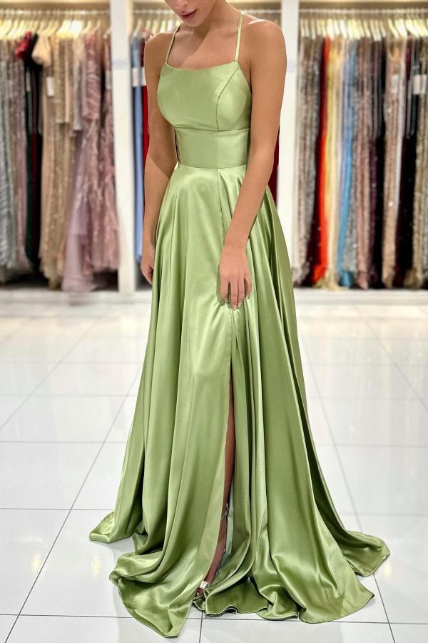 Sage Green Spaghetti-Straps Prom Dresses Long Split