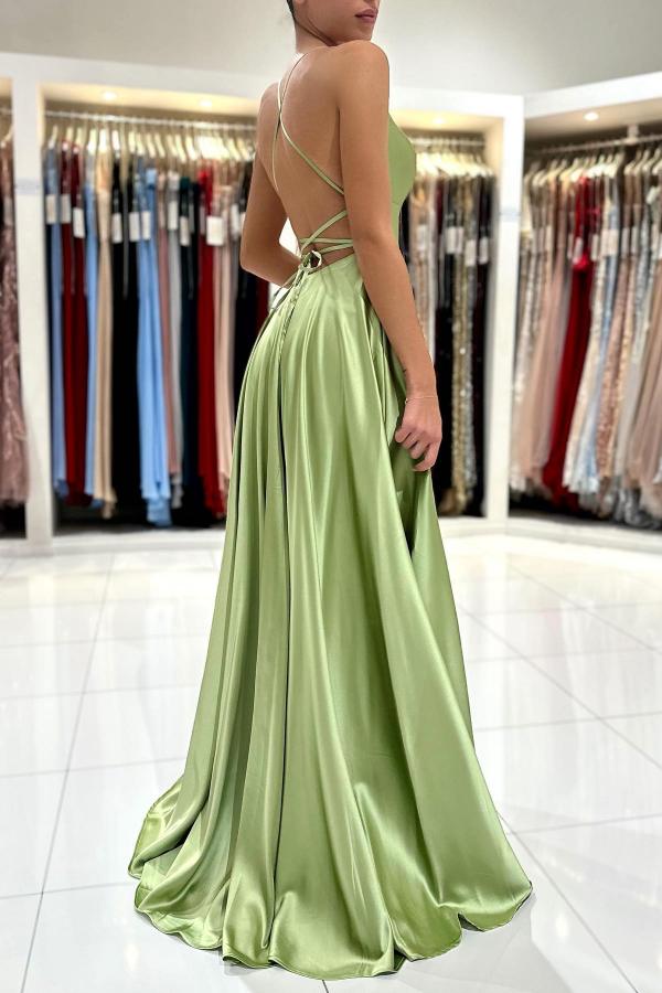 Sage Green Spaghetti-Straps Prom Dresses Long Split