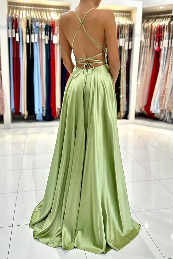 Sage Green Spaghetti-Straps Prom Dresses Long Split