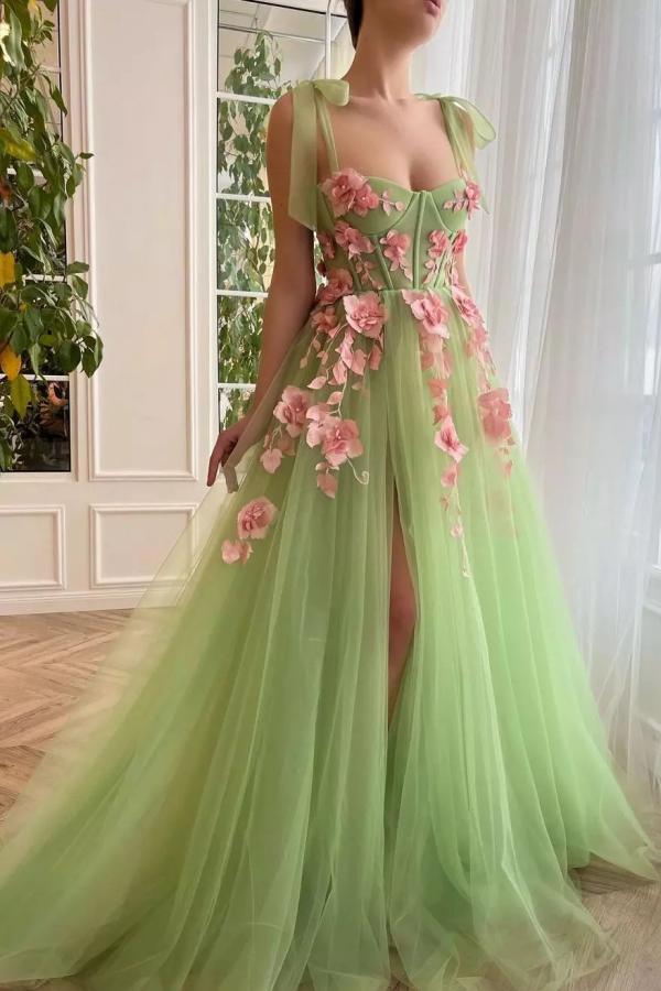 Sage Green Tulle Prom Dress Sleeveless With Flowers