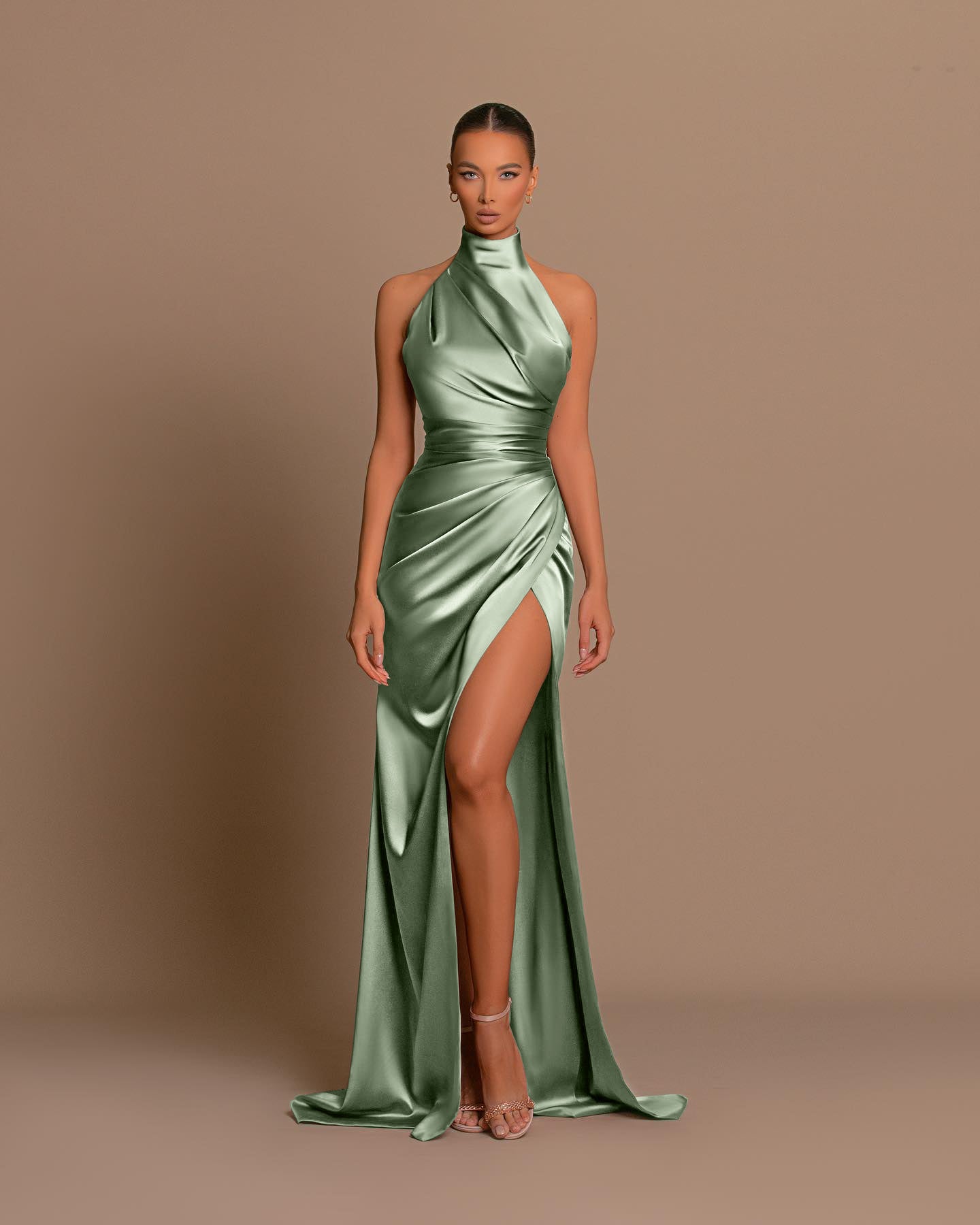 B4187 - High Neck Halter Ruched Satin Sheath Long Bridesmaid Dress With Slit