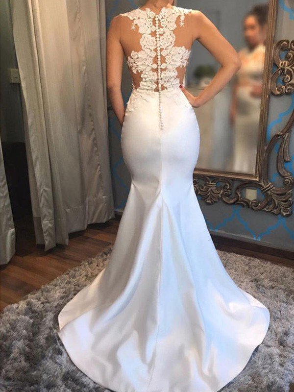 Satin Mermaid Scoop Sleeveless Applique Court Train Wedding Dresses