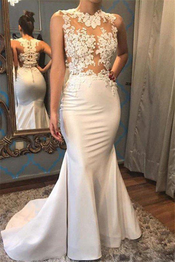 Satin Mermaid Scoop Sleeveless Applique Court Train Wedding Dresses