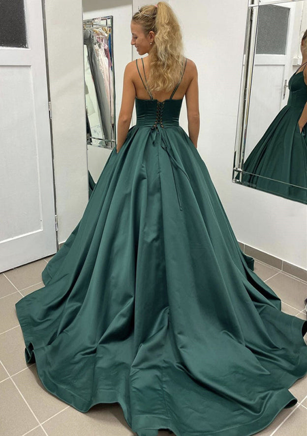 Satin Prom Dress/Evening Dress with Pleated Pockets - Ball Gown Sleeveless Scalloped Neck Sweep Train