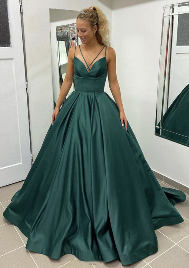 Satin Prom Dress/Evening Dress with Pleated Pockets - Ball Gown Sleeveless Scalloped Neck Sweep Train