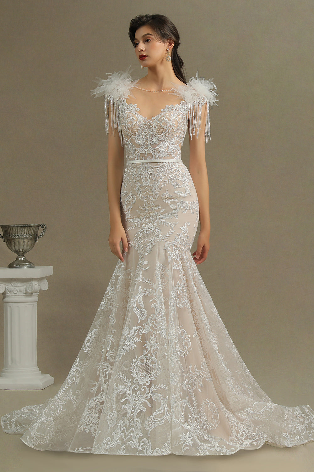 Scoop Lace Mermaid Wedding Dress With Feather