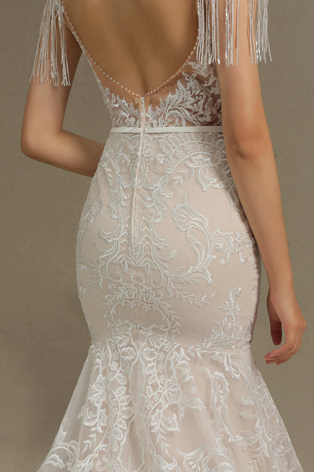 Scoop Lace Mermaid Wedding Dress With Feather