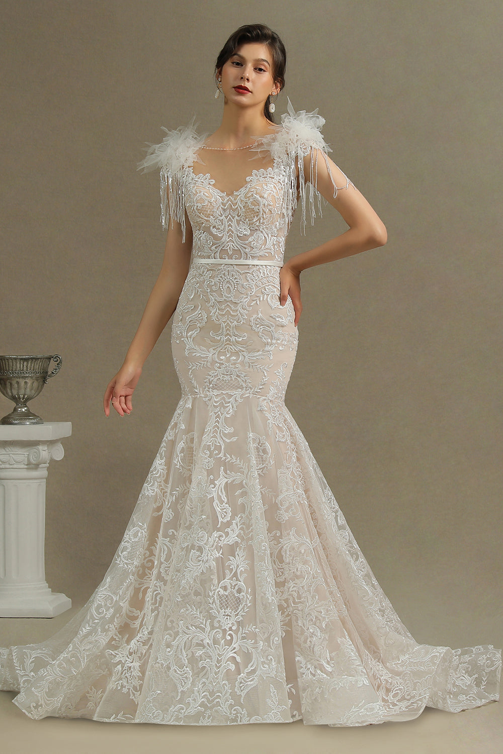 Scoop Lace Mermaid Wedding Dress With Feather