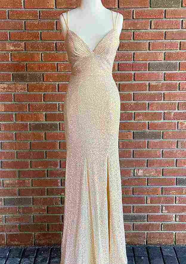 Sequined Prom Dress/Evening Dress with Split: Sheath/Column V-Neck Sleeveless Long/Floor-Length