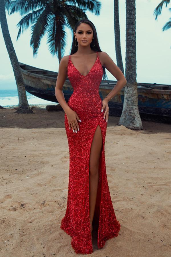 Sequins Red Mermaid Prom Dress Split Sleeveless