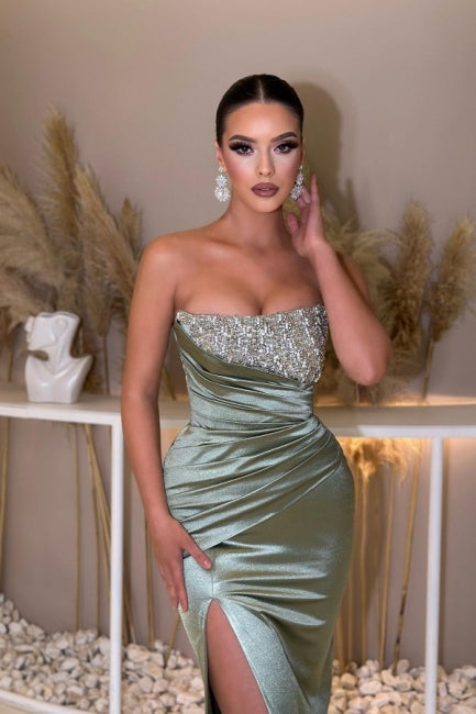 Sexy Beautiful Sleeveless Column Satin Evening Gown with Beaded Embellishments