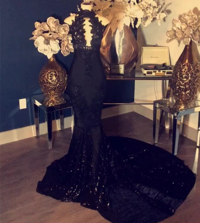 Sexy Black Halter Mermaid Prom Dress With Sequins Appliques