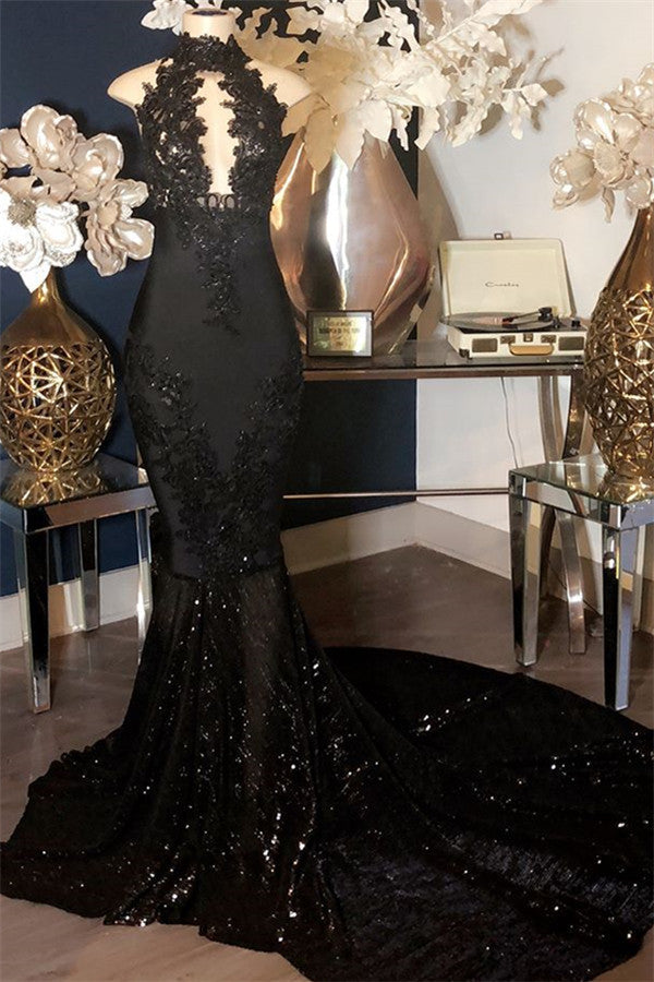 Sexy Black Halter Mermaid Prom Dress With Sequins Appliques